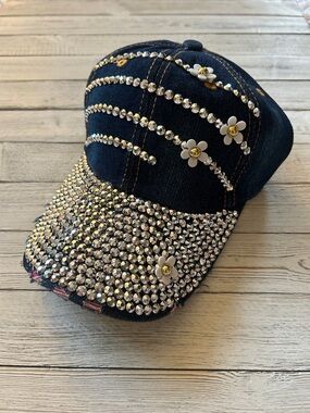 Distressed Denim Baseball Cap Daisy Accents Rhinestone Brim